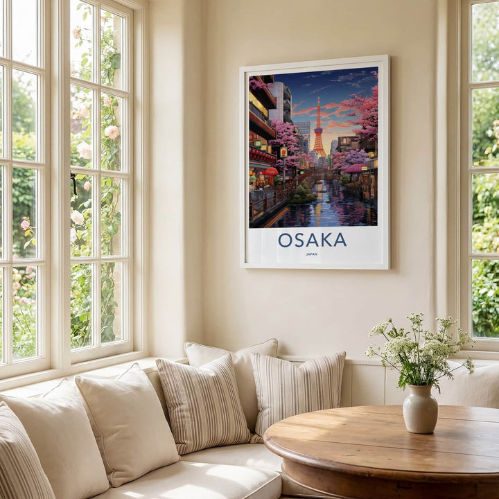 Osaka Poster - Japan Wall Art - Riverside Tower Blossoms Home Decor
