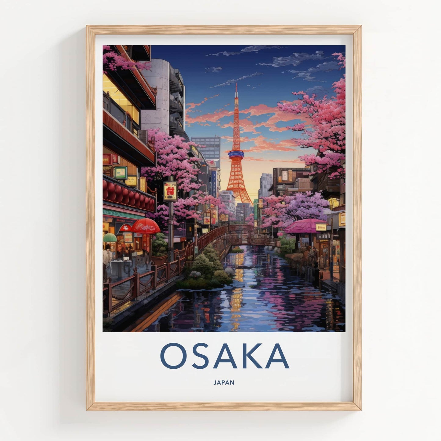 Osaka Poster - Japan Wall Art - Riverside Tower Blossoms Home Decor