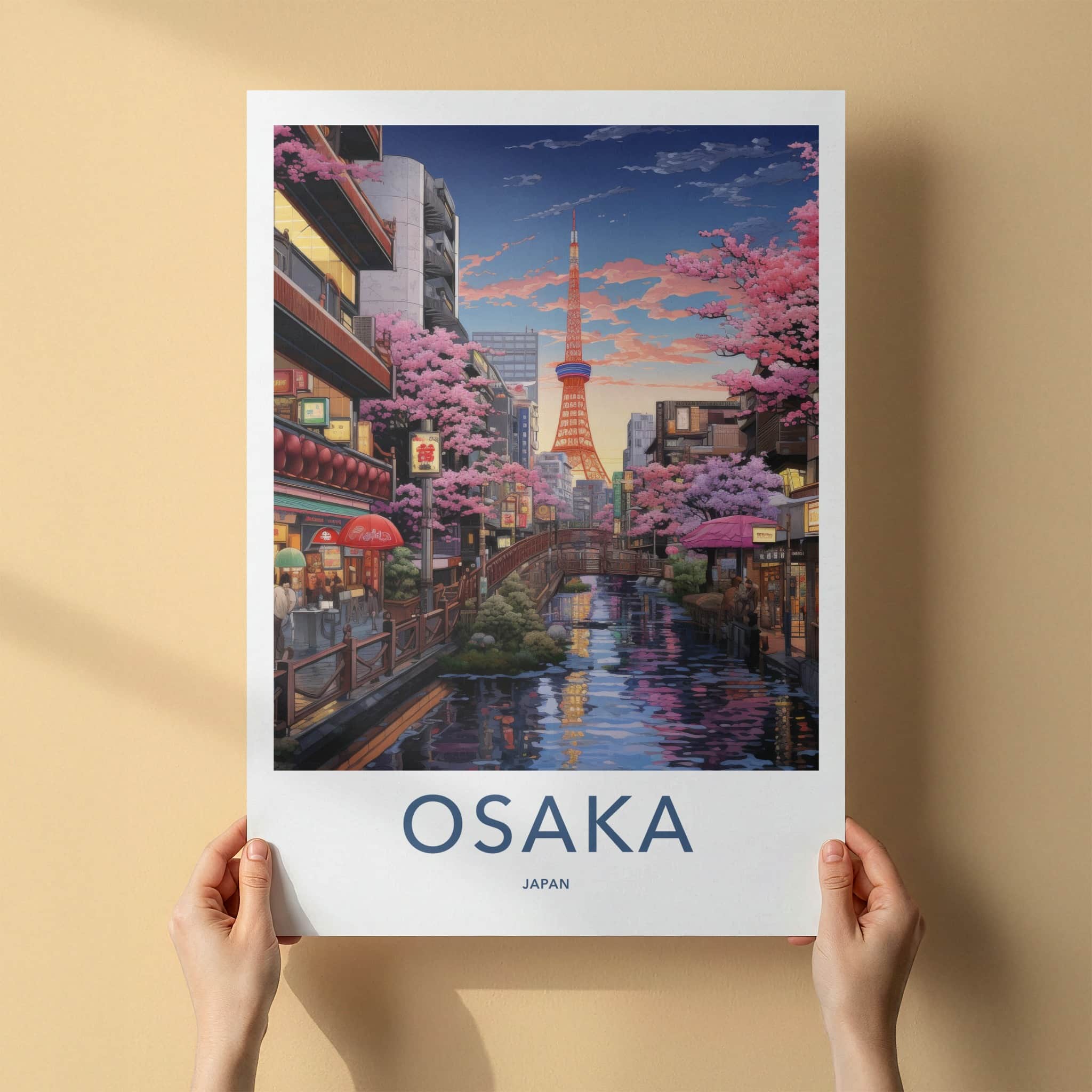 Osaka Poster - Japan Wall Art - Riverside Tower Blossoms Home Decor
