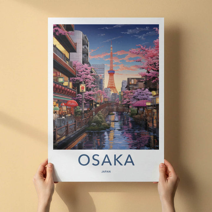Osaka Poster - Japan Wall Art - Riverside Tower Blossoms Home Decor