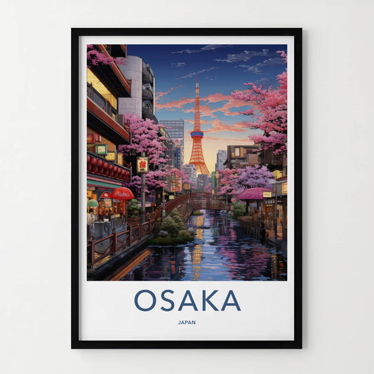 Osaka Poster - Japan Wall Art - Riverside Tower Blossoms Home Decor