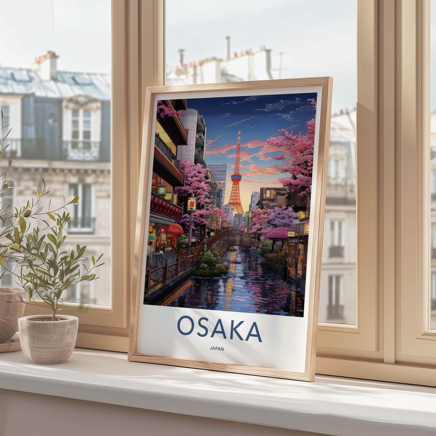 Osaka Poster - Japan Wall Art - Riverside Tower Blossoms Home Decor