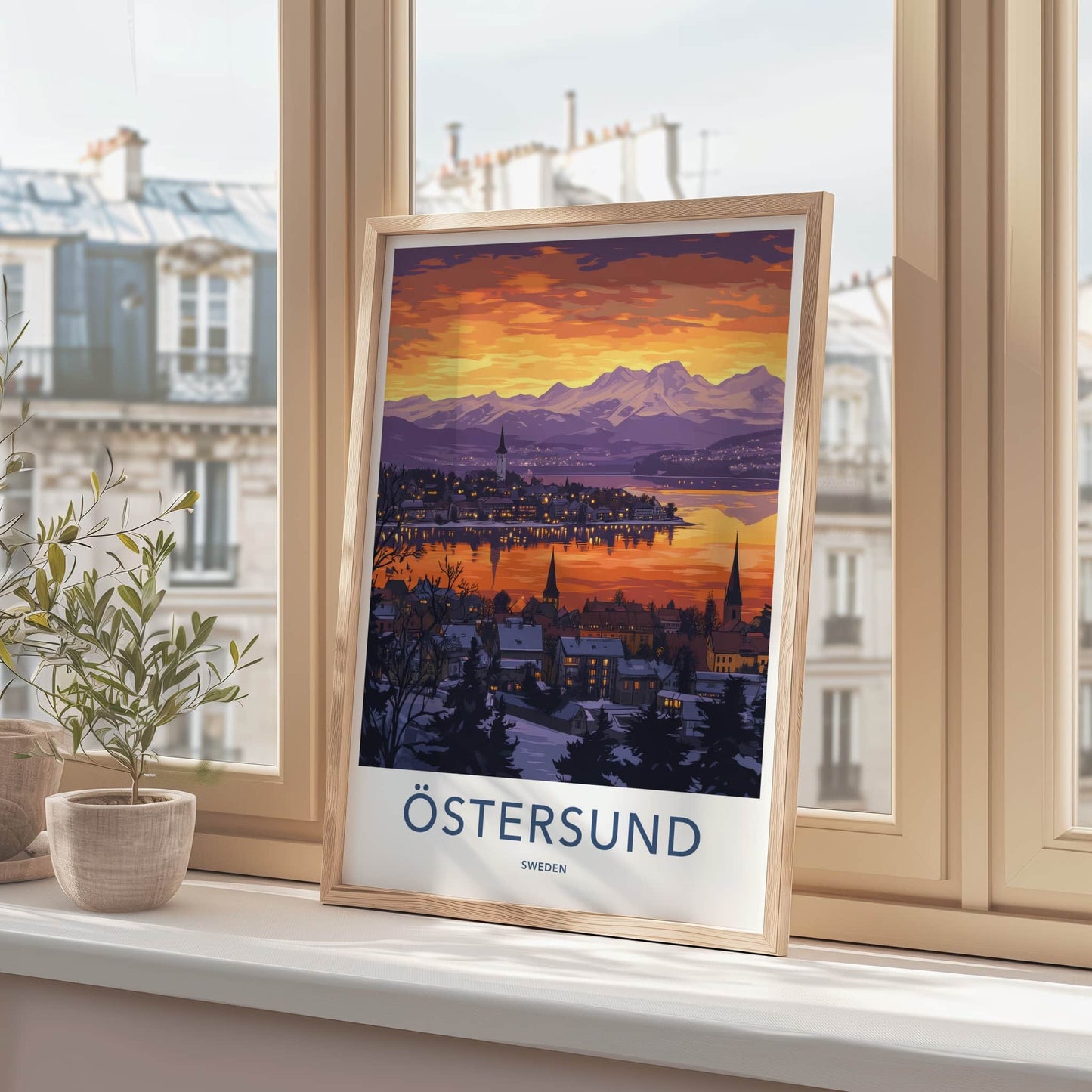 Ostersund Poster - Sweden Travel Art - Dramatic Orange Sunset Home Decor