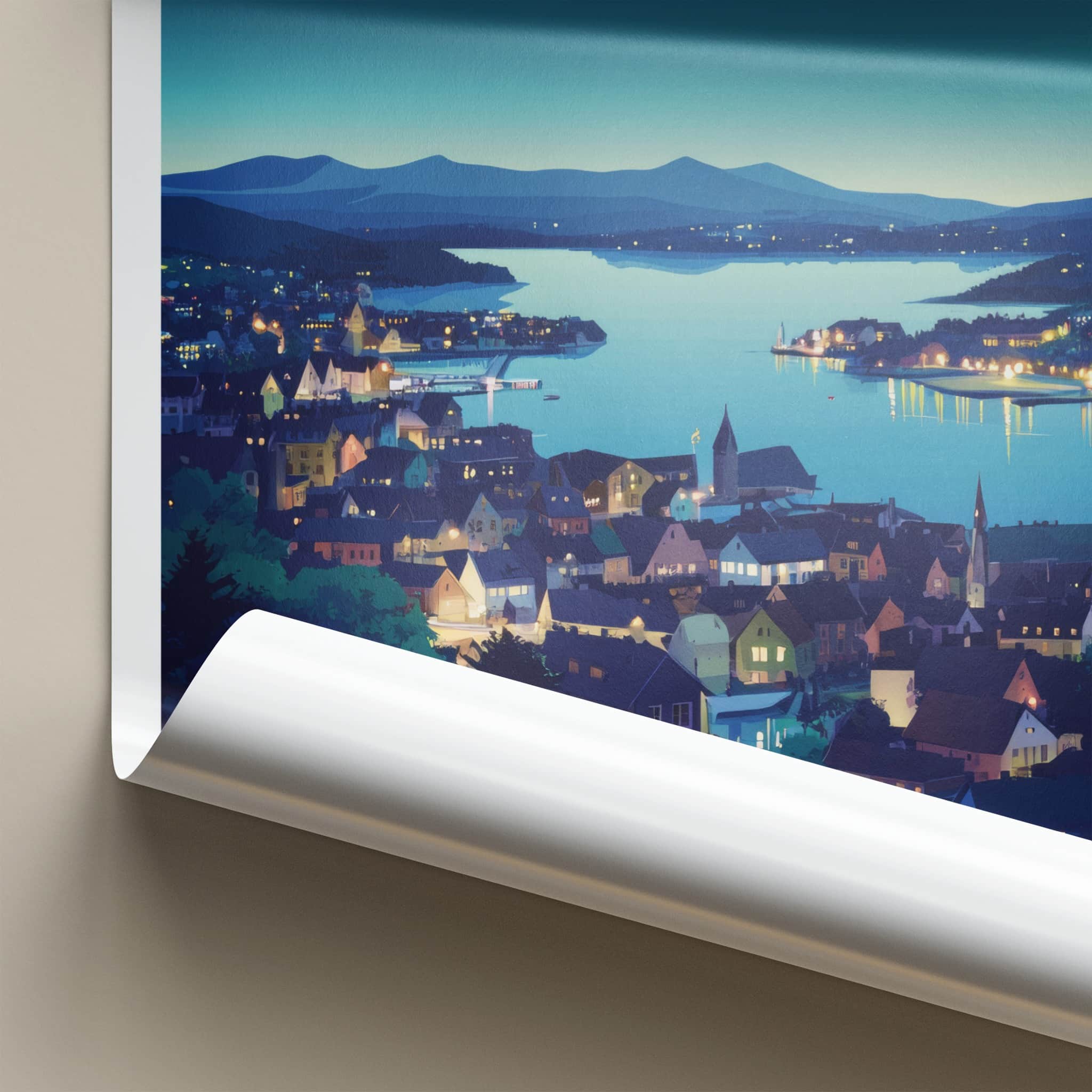 Ostersund Poster - Sweden Travel Art - Moonlit Lakeside Town Home Decor
