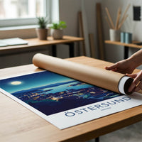 Ostersund Poster - Sweden Travel Art - Moonlit Lakeside Town Home Decor