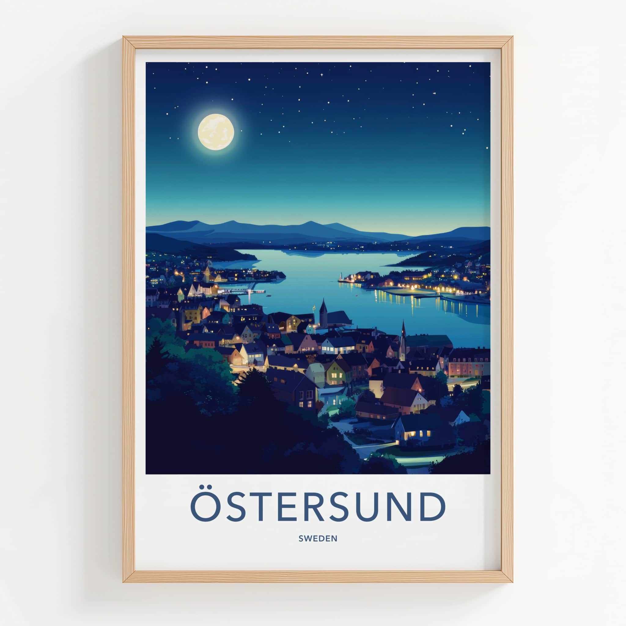 Ostersund Poster - Sweden Travel Art - Moonlit Lakeside Town Home Decor