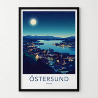Ostersund Poster - Sweden Travel Art - Moonlit Lakeside Town Home Decor