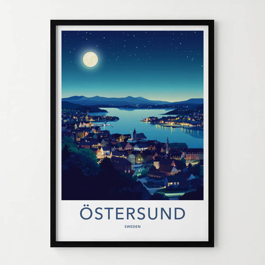 Ostersund Poster - Sweden Travel Art - Moonlit Lakeside Town Home Decor