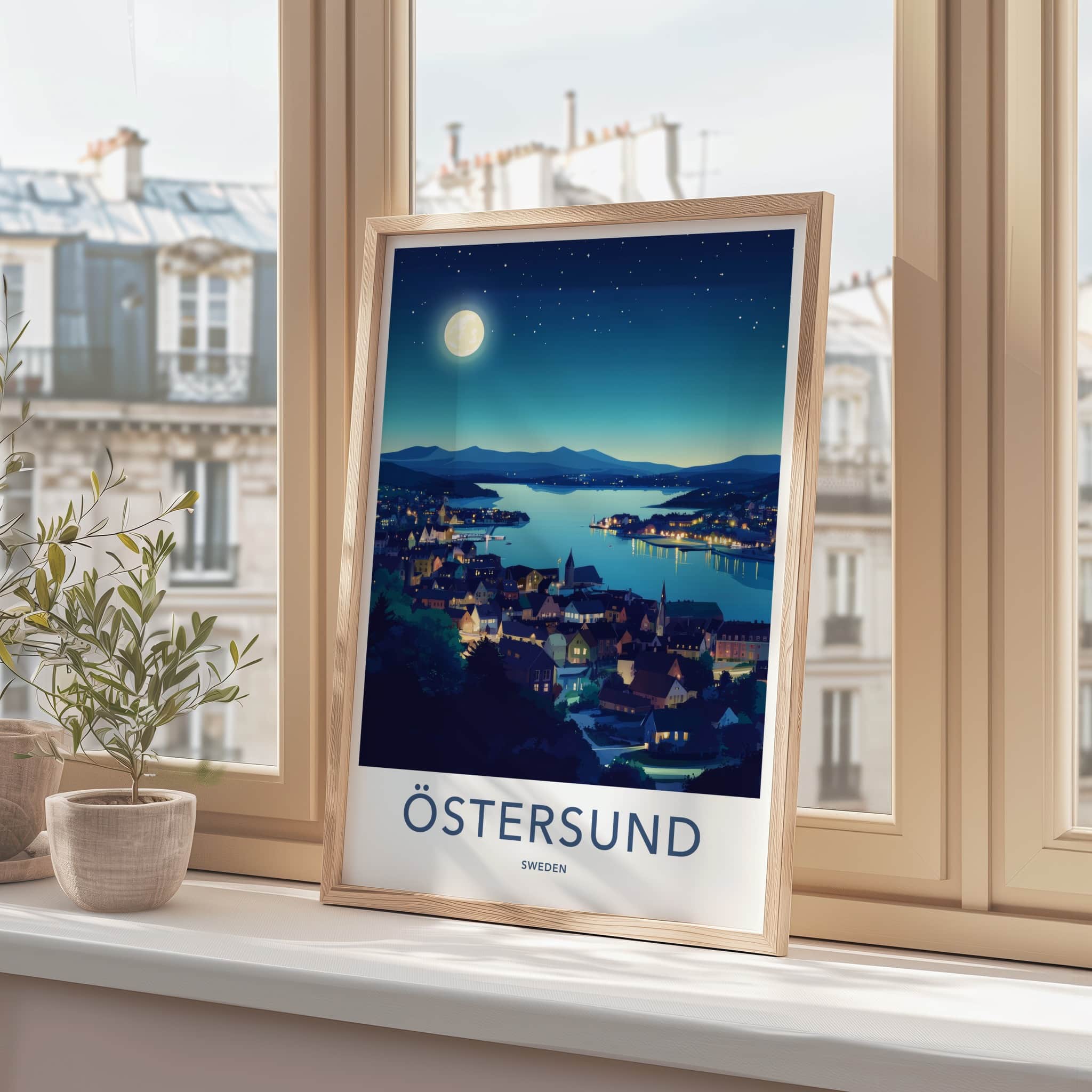 Ostersund Poster - Sweden Travel Art - Moonlit Lakeside Town Home Decor