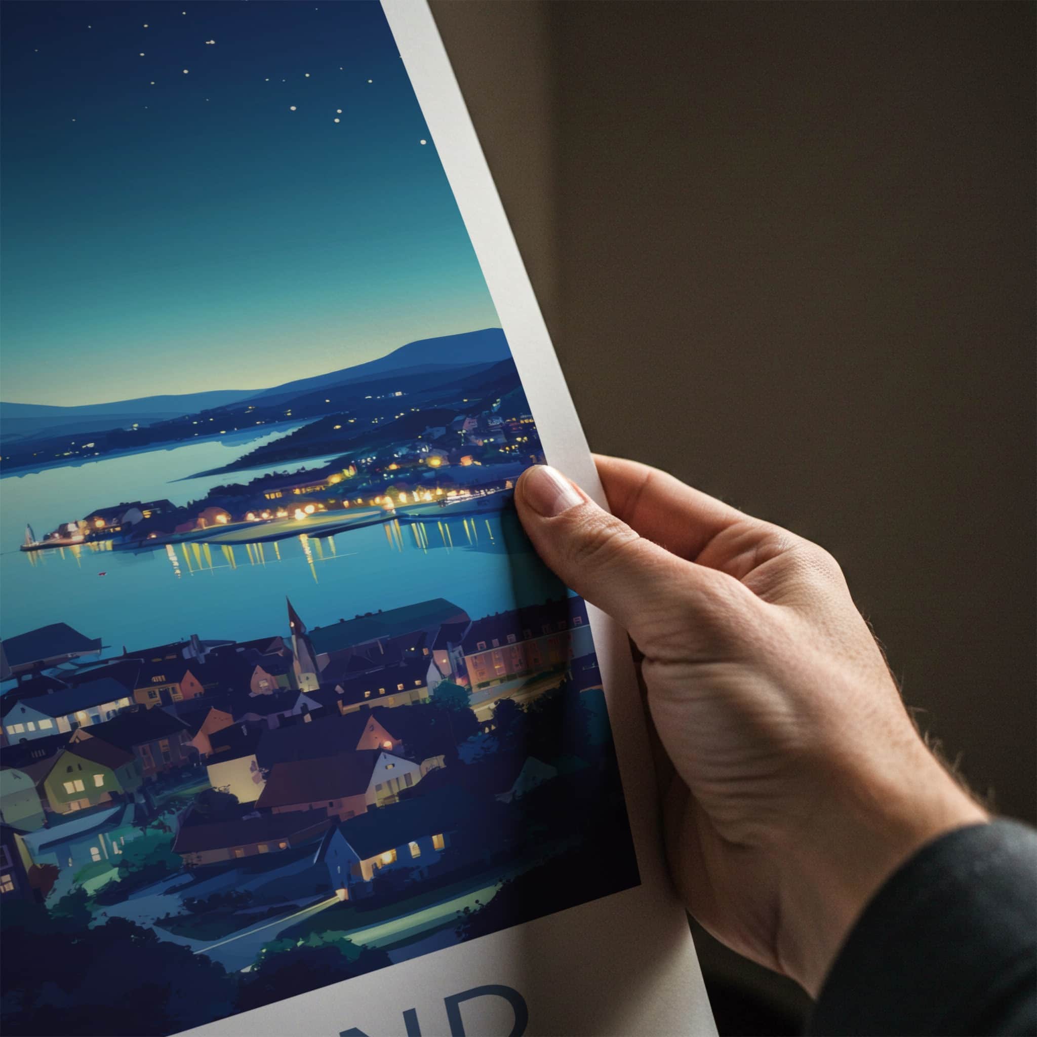 Ostersund Poster - Sweden Travel Art - Moonlit Lakeside Town Home Decor