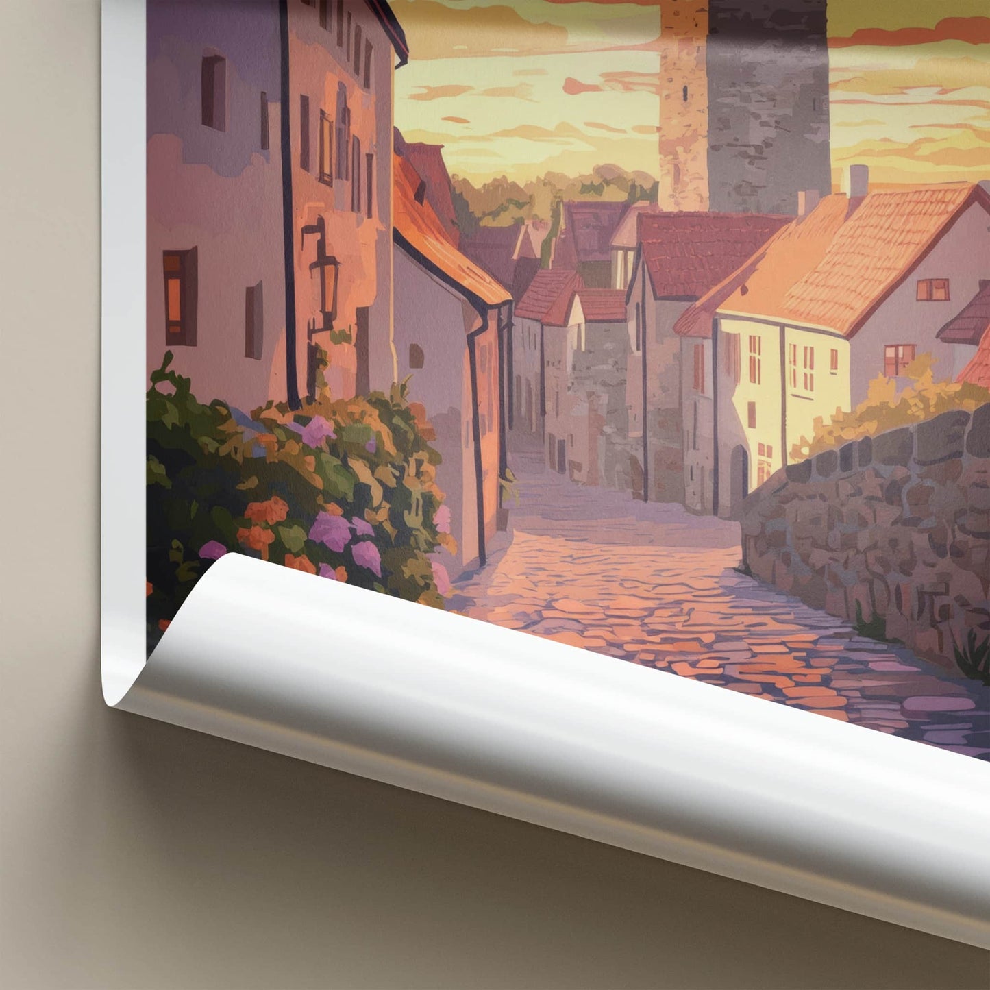 Ostersund Poster - Sweden Travel Art - Sunset Cobblestone Street Wall Decor