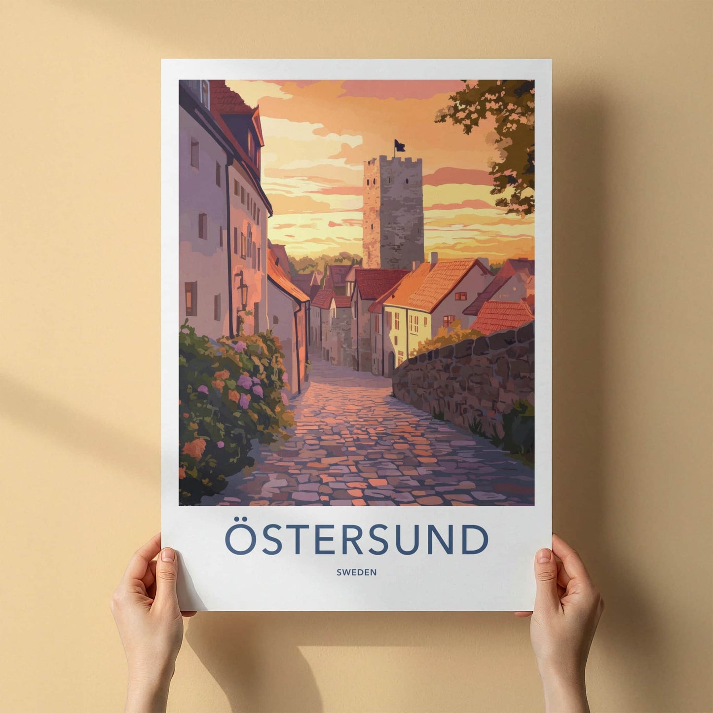 Ostersund Poster - Sweden Travel Art - Sunset Cobblestone Street Wall Decor