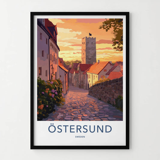 Ostersund Poster - Sweden Travel Art - Sunset Cobblestone Street Wall Decor