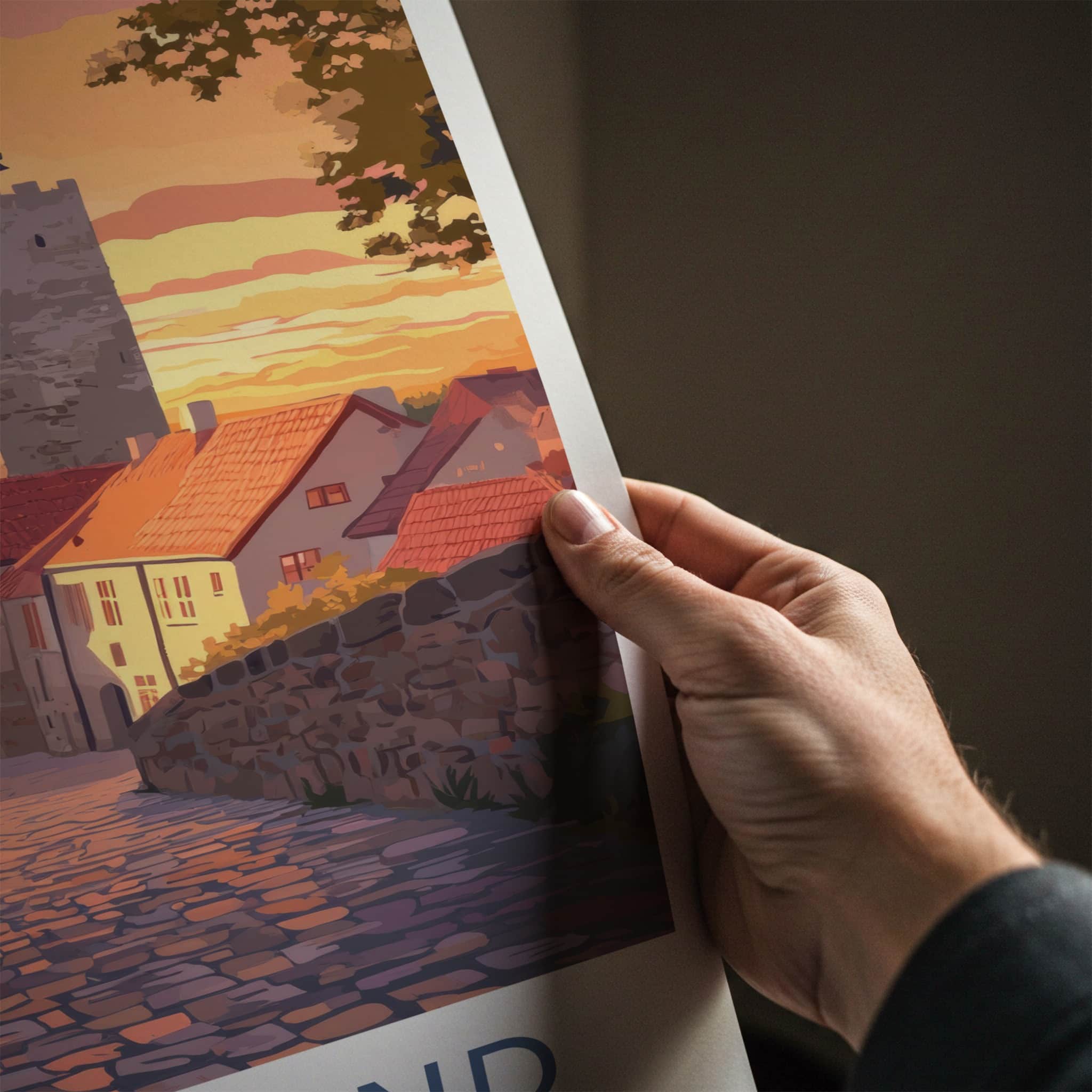 Ostersund Poster - Sweden Travel Art - Sunset Cobblestone Street Wall Decor