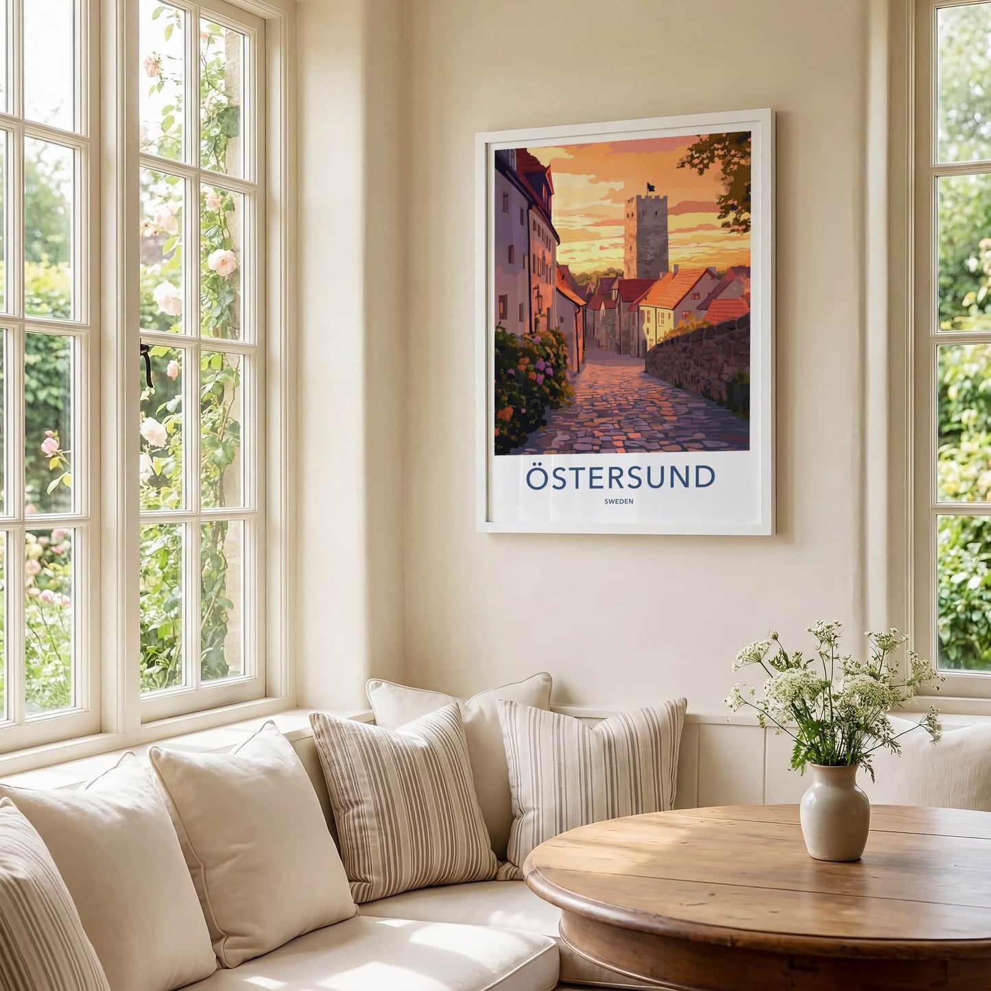 Ostersund Poster - Sweden Travel Art - Sunset Cobblestone Street Wall Decor