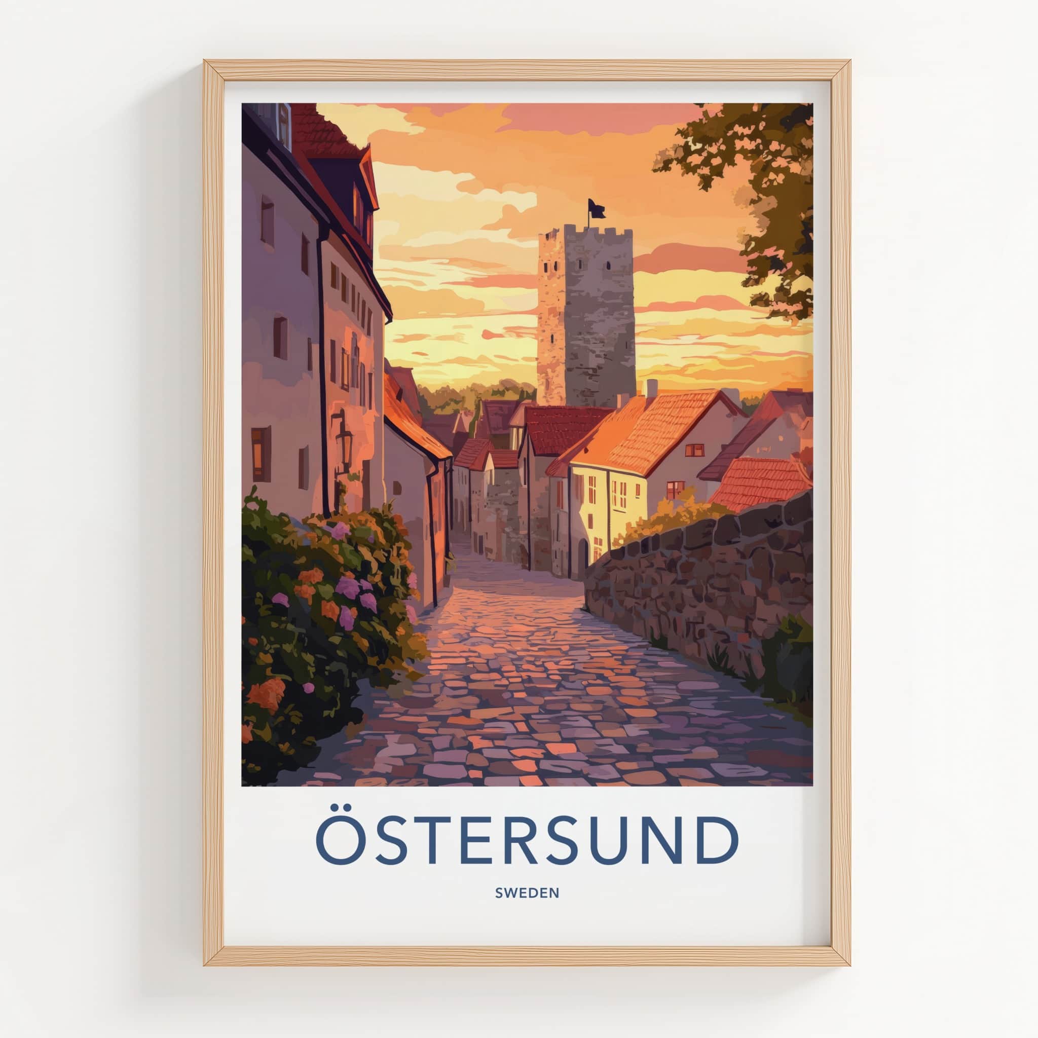 Ostersund Poster - Sweden Travel Art - Sunset Cobblestone Street Wall Decor