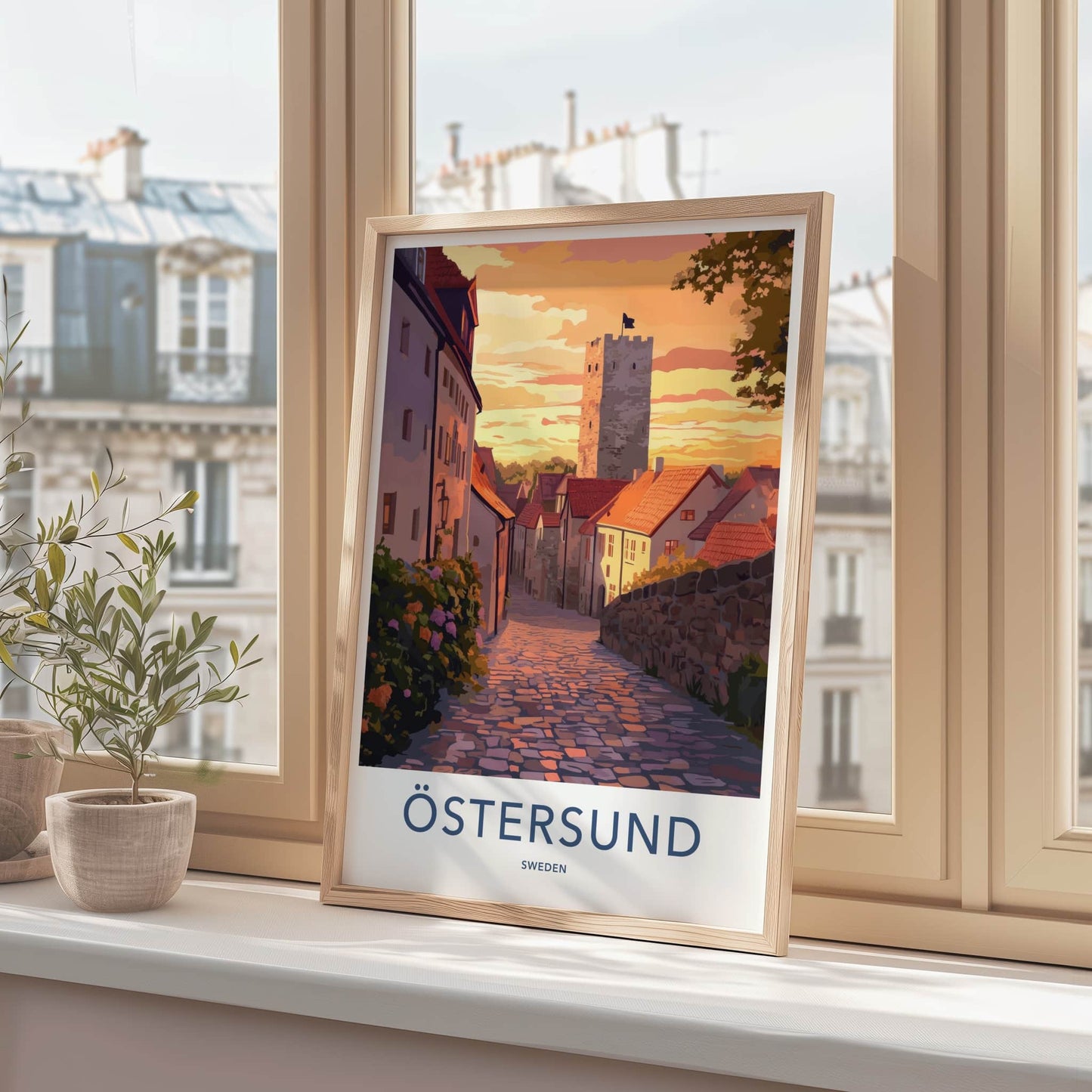 Ostersund Poster - Sweden Travel Art - Sunset Cobblestone Street Wall Decor