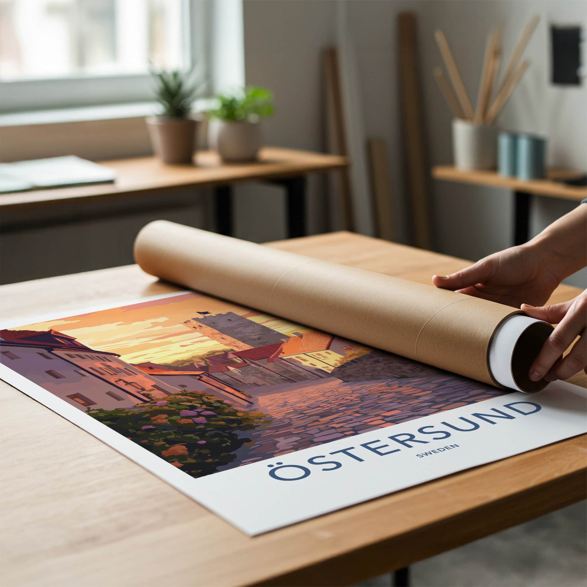 Ostersund Poster - Sweden Travel Art - Sunset Cobblestone Street Wall Decor