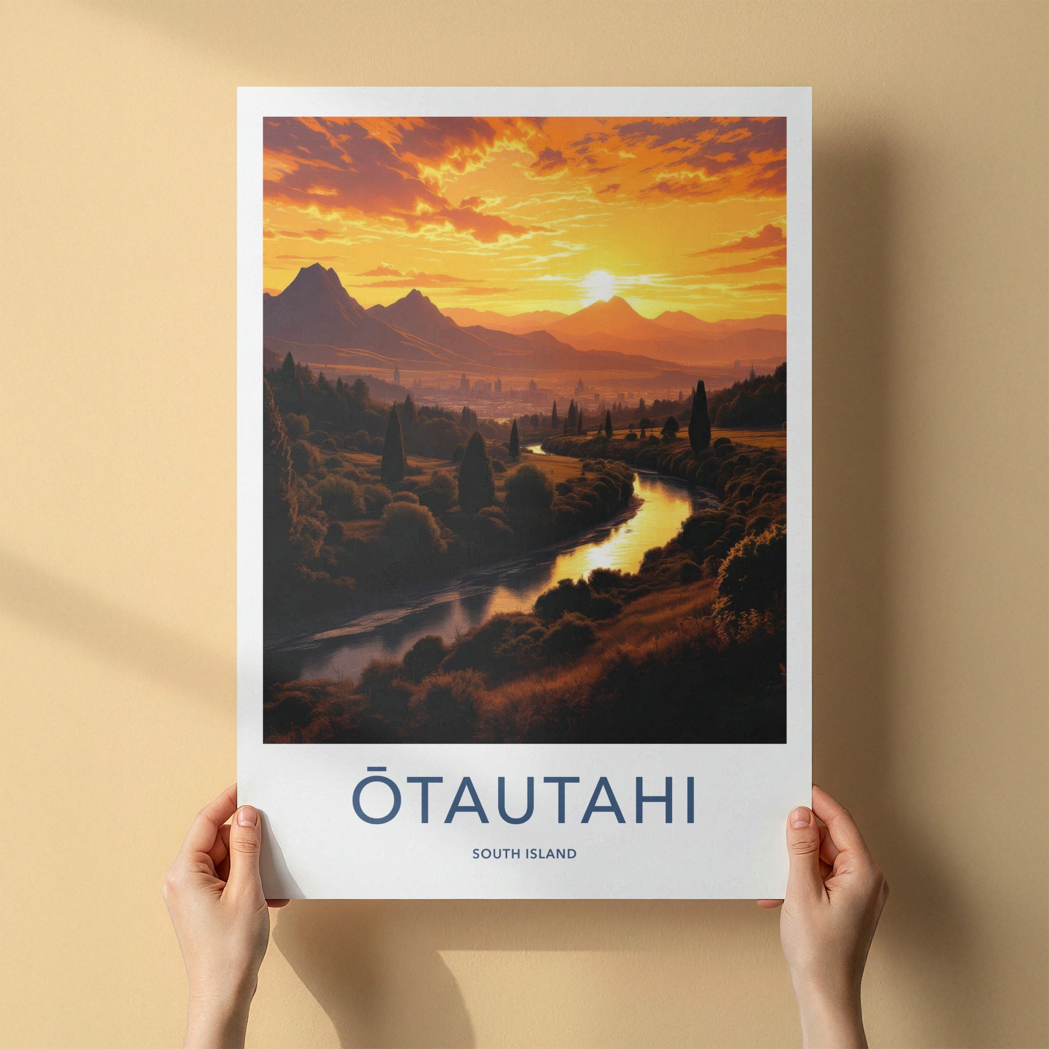 Otautahi Poster - New Zealand Travel Art - Golden River Sunset Home Decor