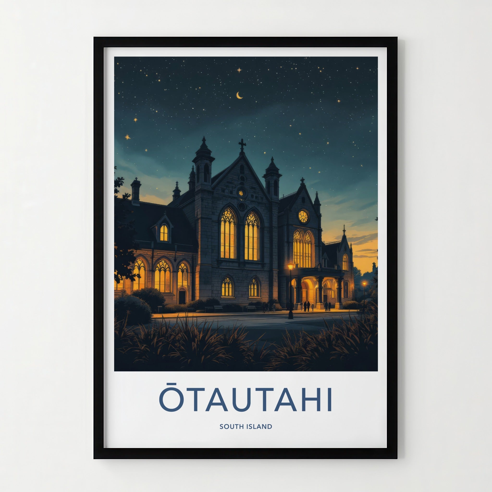 Otautahi Poster - New Zealand Travel Art - Illuminated Gothic Night Home Decor