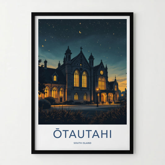 Otautahi Poster - New Zealand Travel Art - Illuminated Gothic Night Home Decor