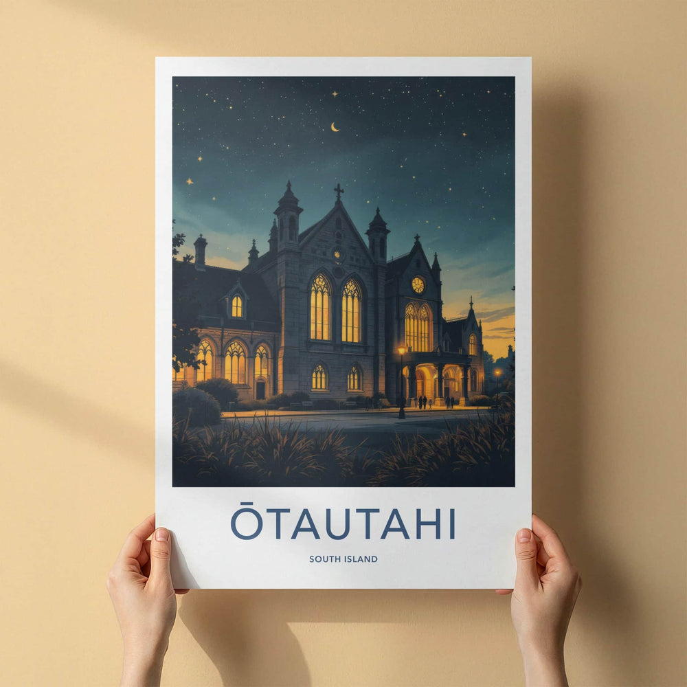 Otautahi Poster - New Zealand Travel Art - Illuminated Gothic Night Home Decor