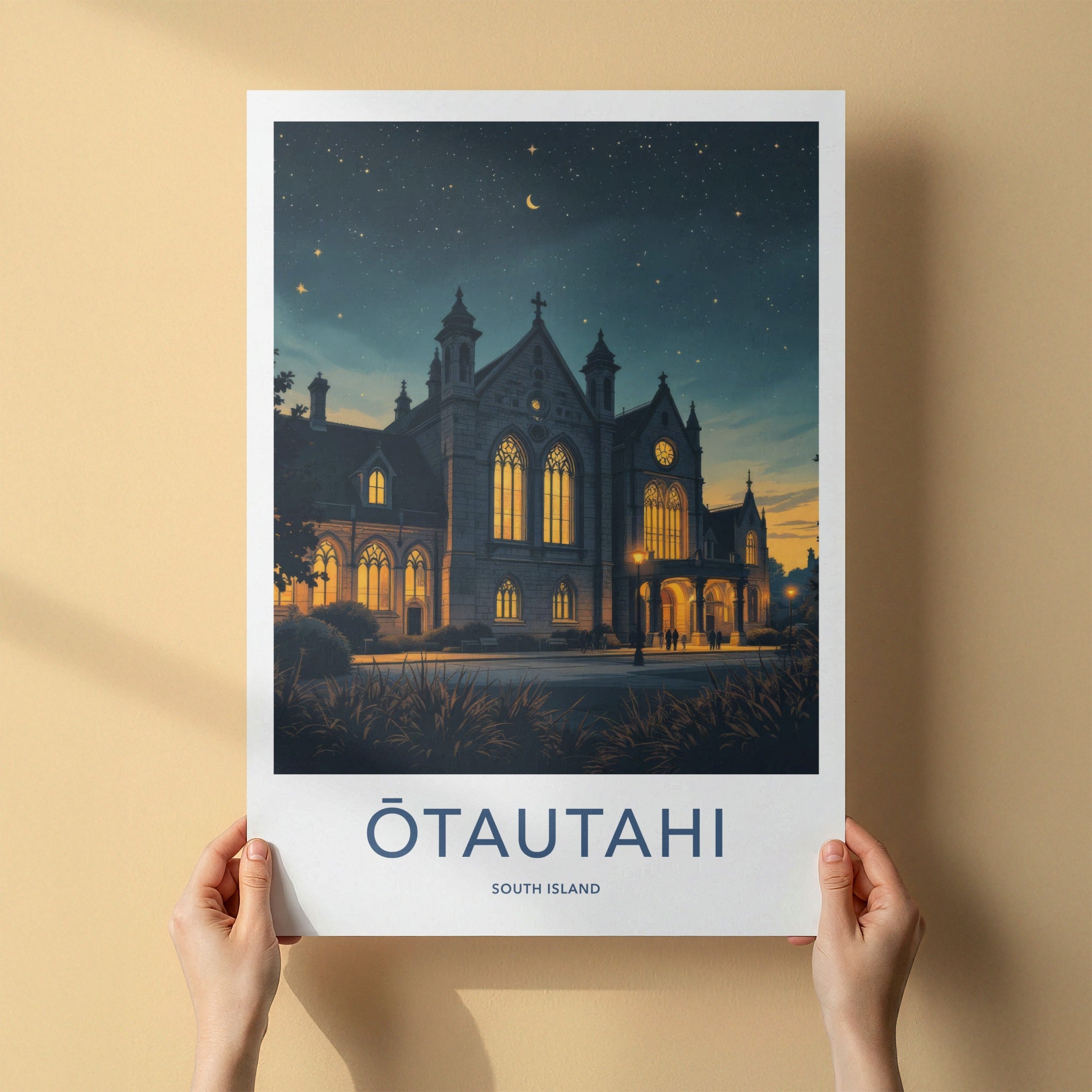 Otautahi Poster - New Zealand Travel Art - Illuminated Gothic Night Home Decor