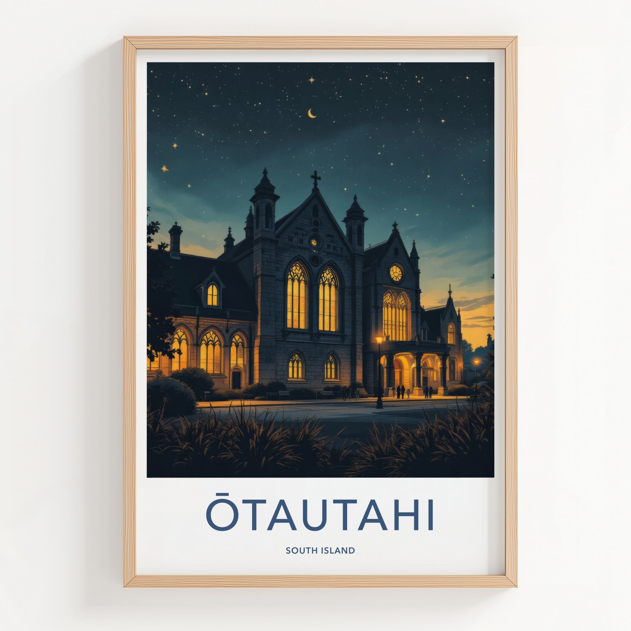 Otautahi Poster - New Zealand Travel Art - Illuminated Gothic Night Home Decor