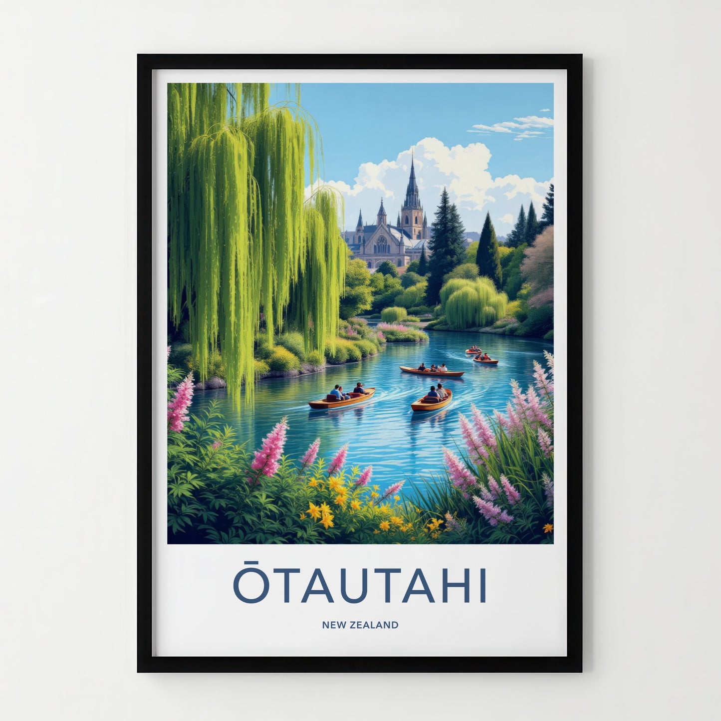 Otautahi Poster - New Zealand Travel Art - Willows Boaters Cathedral Wall Decor