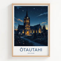 Otautahi Poster - New Zealand Travel Print - Starry Night Church Wall Decor