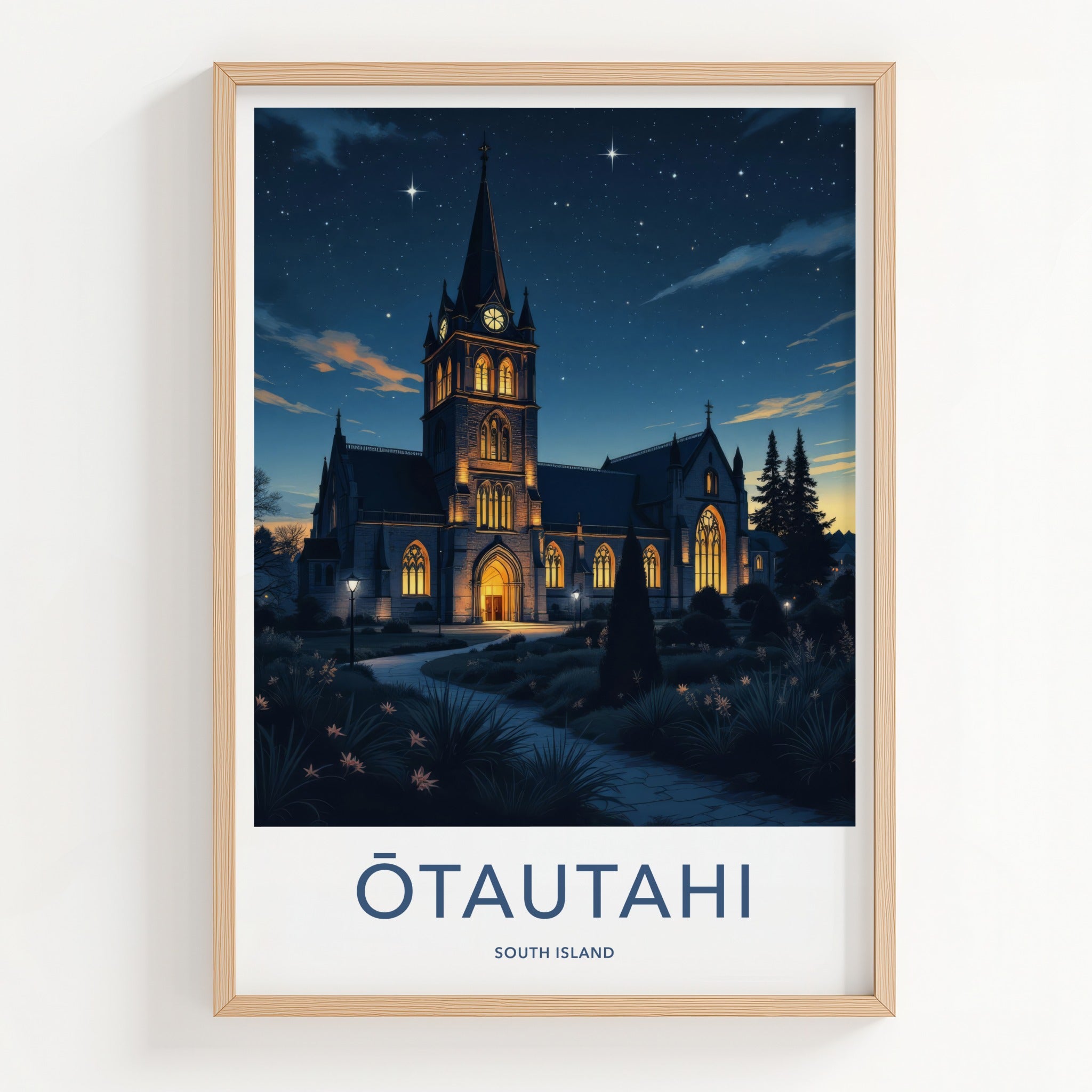 Otautahi Poster - New Zealand Travel Print - Starry Night Church Wall Decor