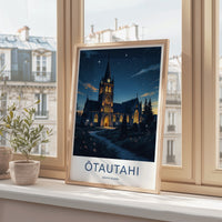 Otautahi Poster - New Zealand Travel Print - Starry Night Church Wall Decor