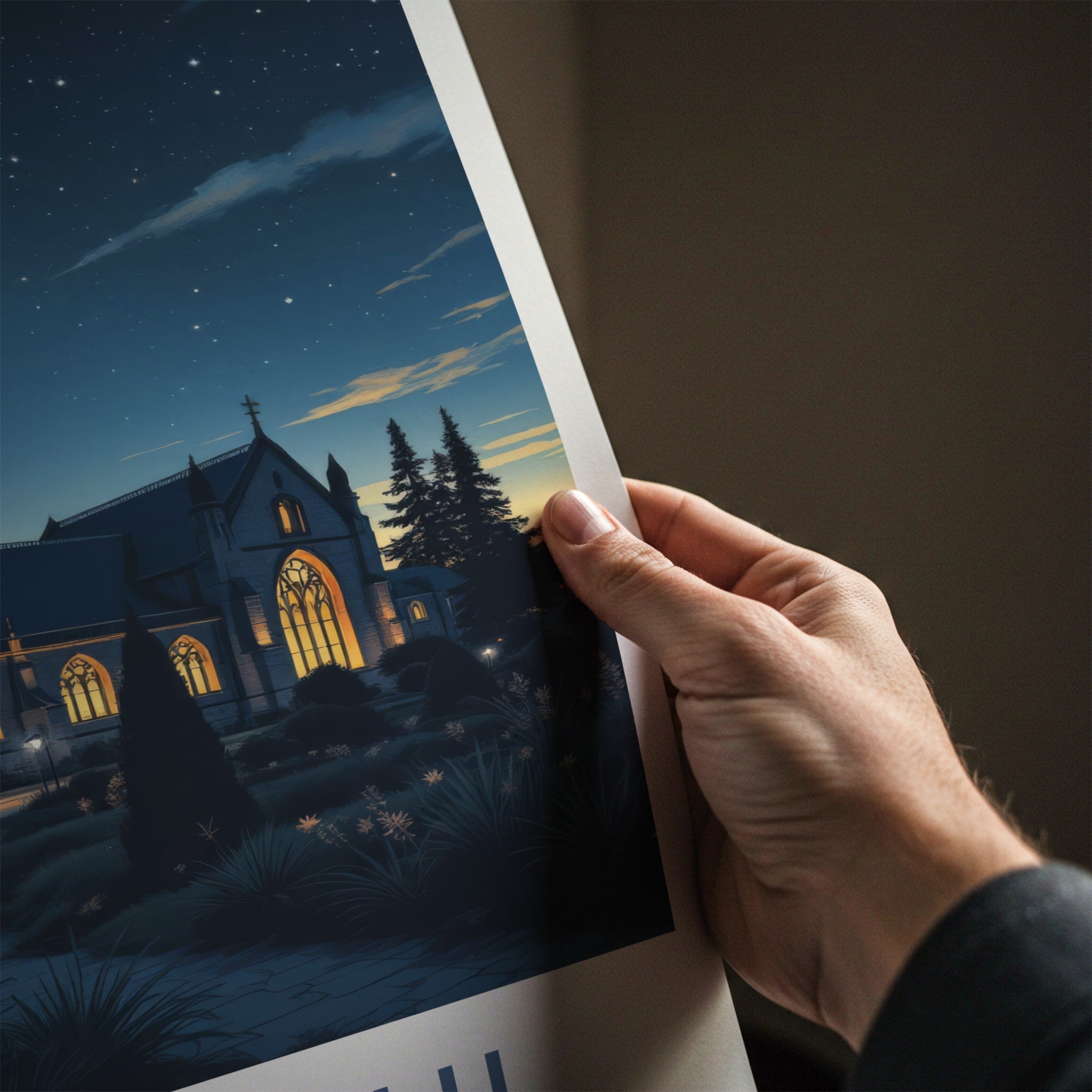 Otautahi Poster - New Zealand Travel Print - Starry Night Church Wall Decor