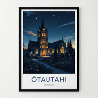 Otautahi Poster - New Zealand Travel Print - Starry Night Church Wall Decor