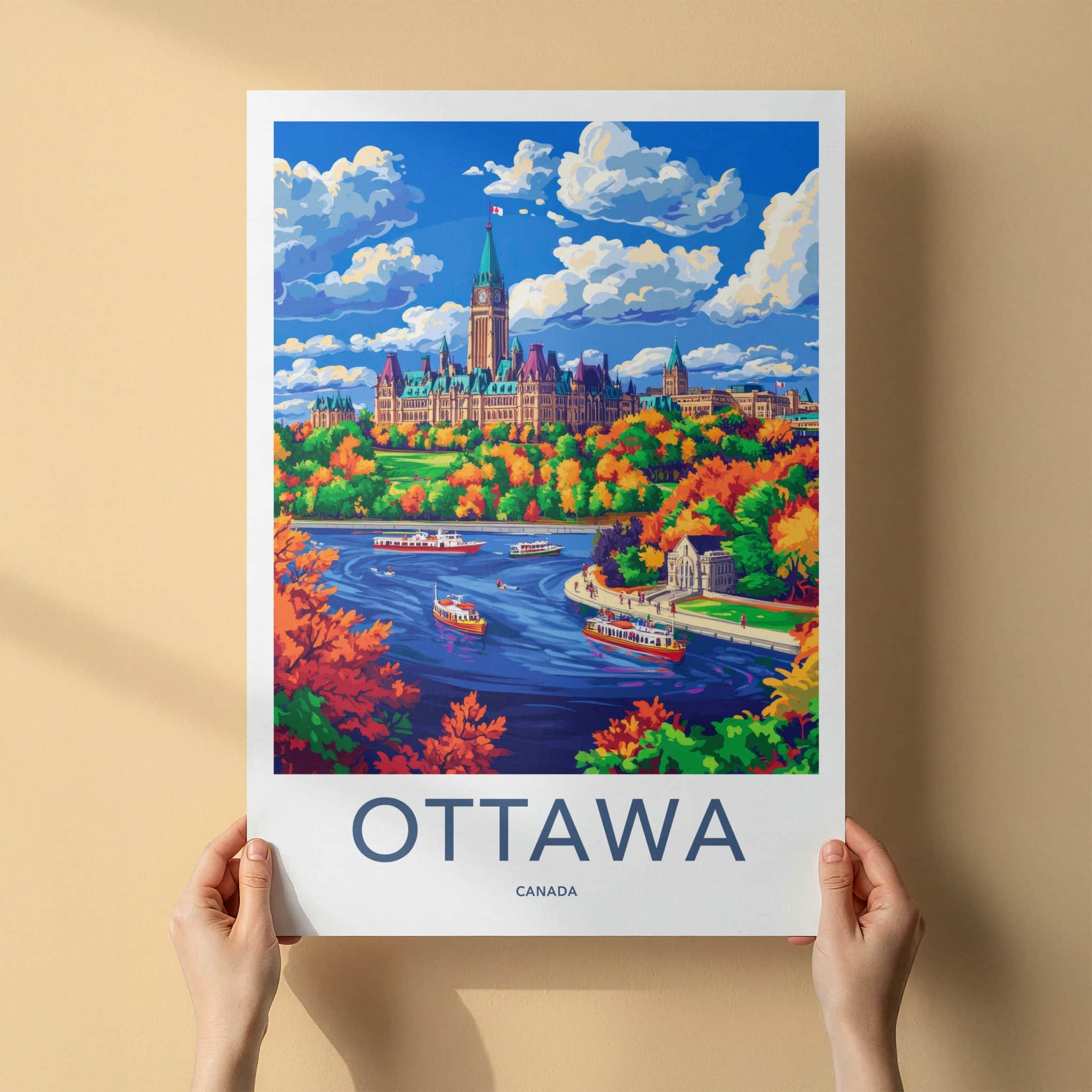 Ottawa Poster - Canada Travel Art - Parliament River Autumn Home Decor