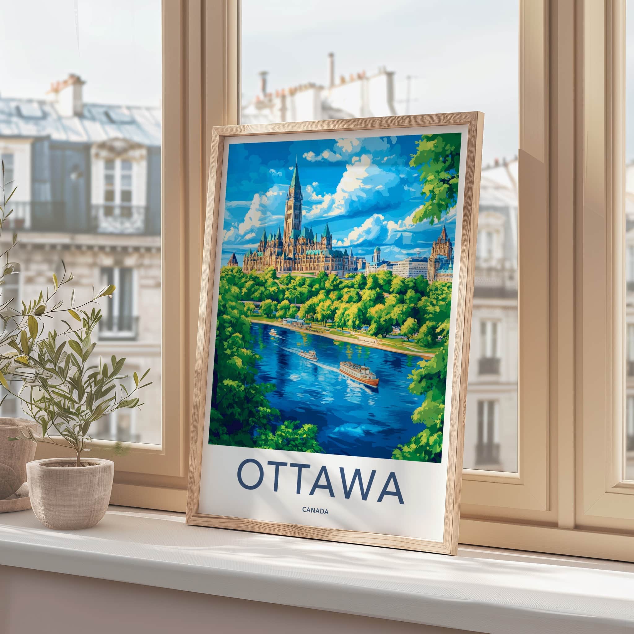 Ottawa Poster - Canada Travel Art - Parliament River Boats Home Decor