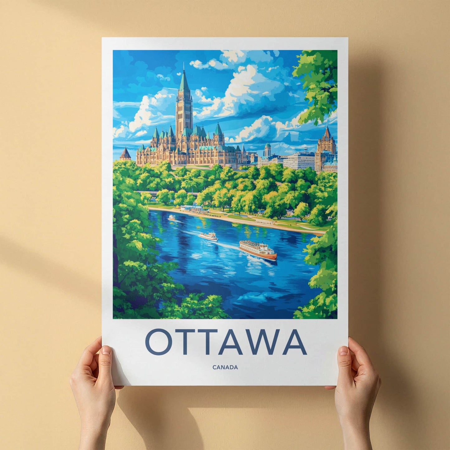 Ottawa Poster - Canada Travel Art - Parliament River Boats Home Decor