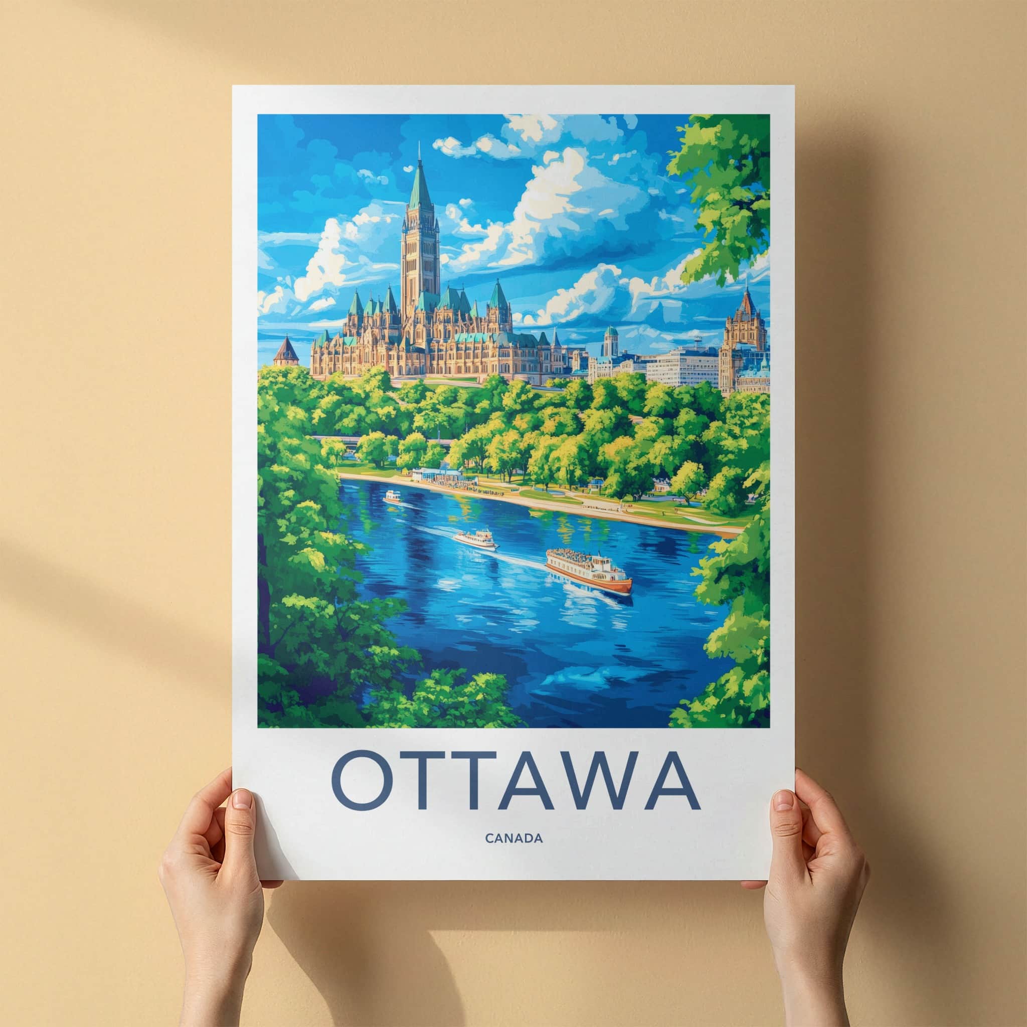 Ottawa Poster - Canada Travel Art - Parliament River Boats Home Decor