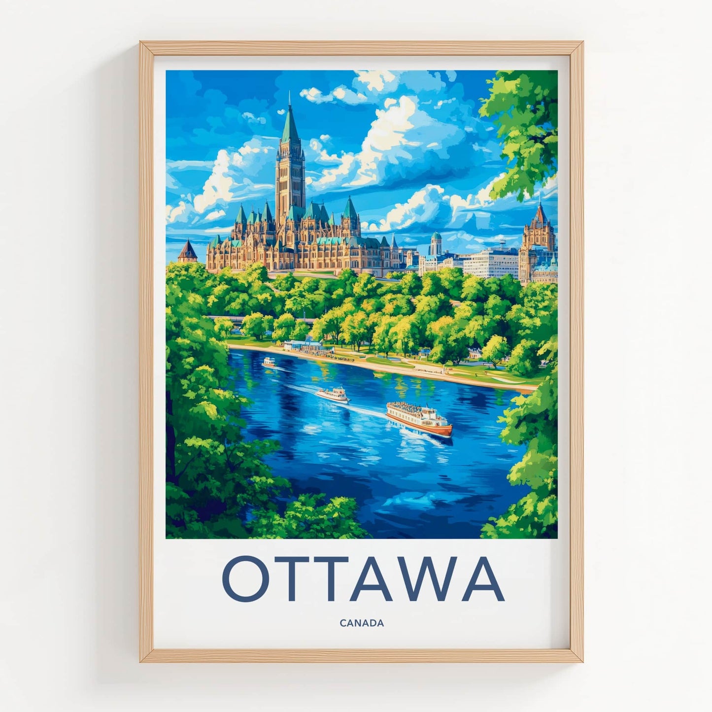 Ottawa Poster - Canada Travel Art - Parliament River Boats Home Decor
