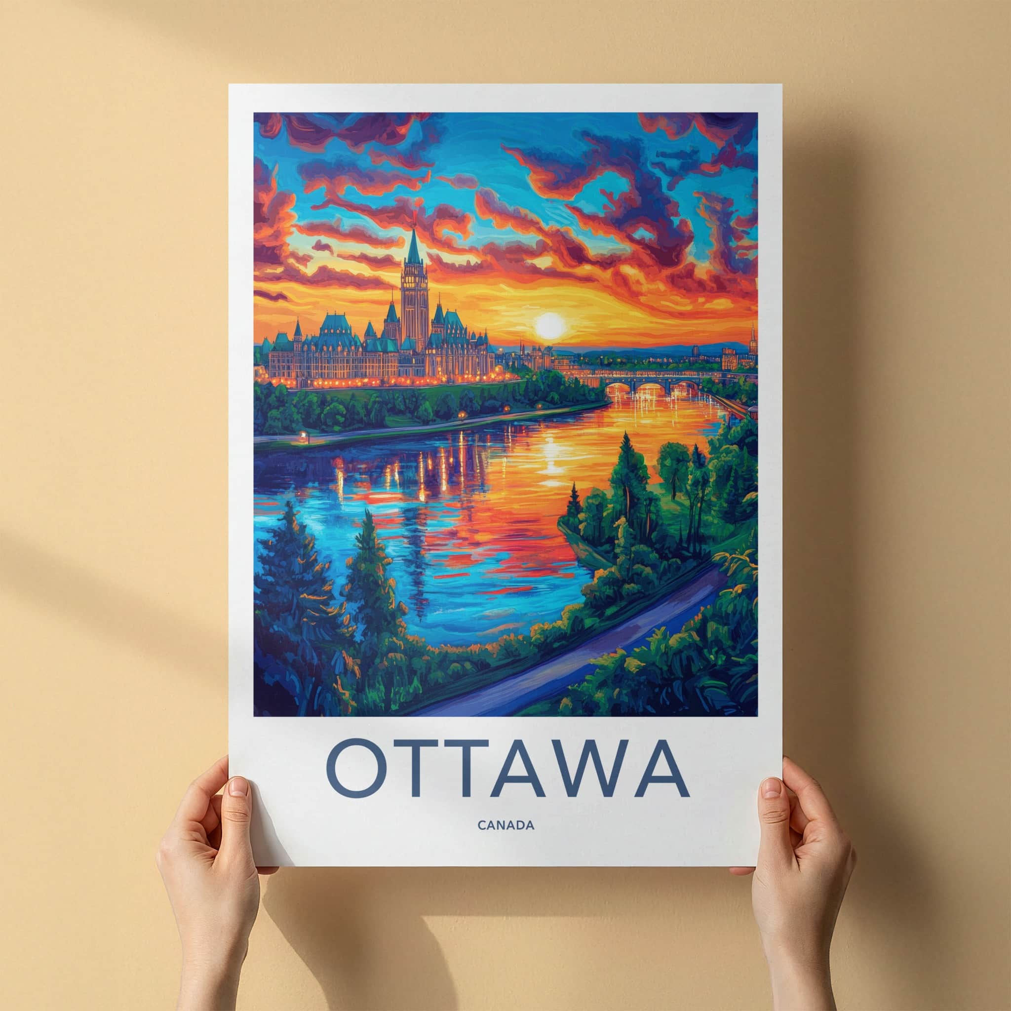 Ottawa Poster - Canada Travel Art - Vibrant River Skyline Home Decor