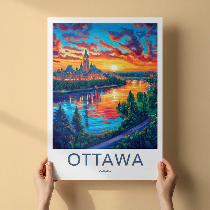 Ottawa Poster - Canada Travel Art - Vibrant River Skyline Home Decor