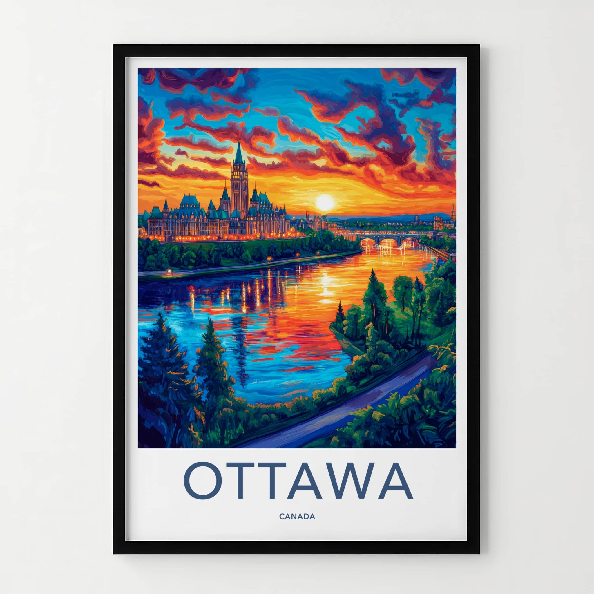 Ottawa Poster - Canada Travel Art - Vibrant River Skyline Home Decor