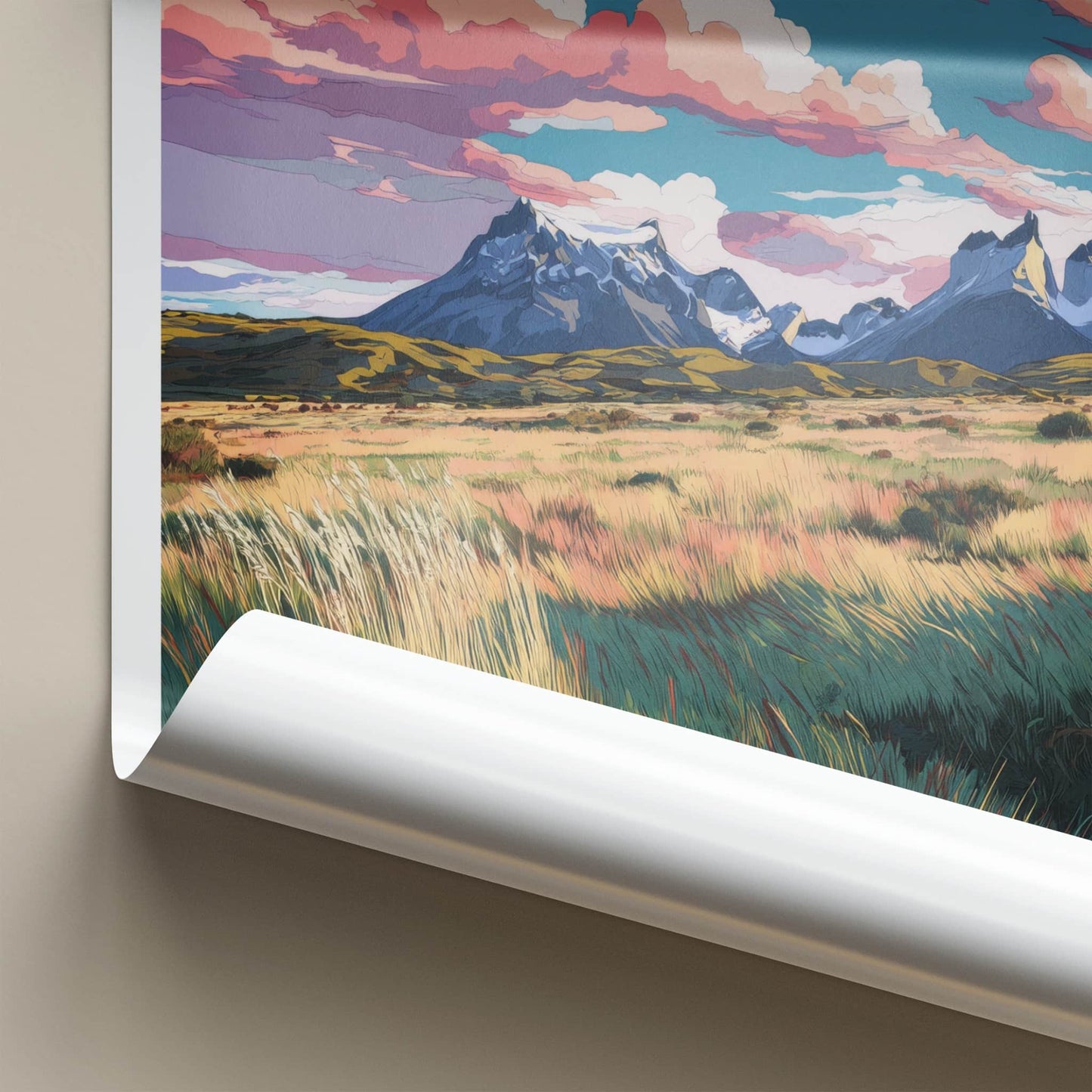 Paine Grande Poster - Chile Travel Art - Mountain Grassy Field Home Decor
