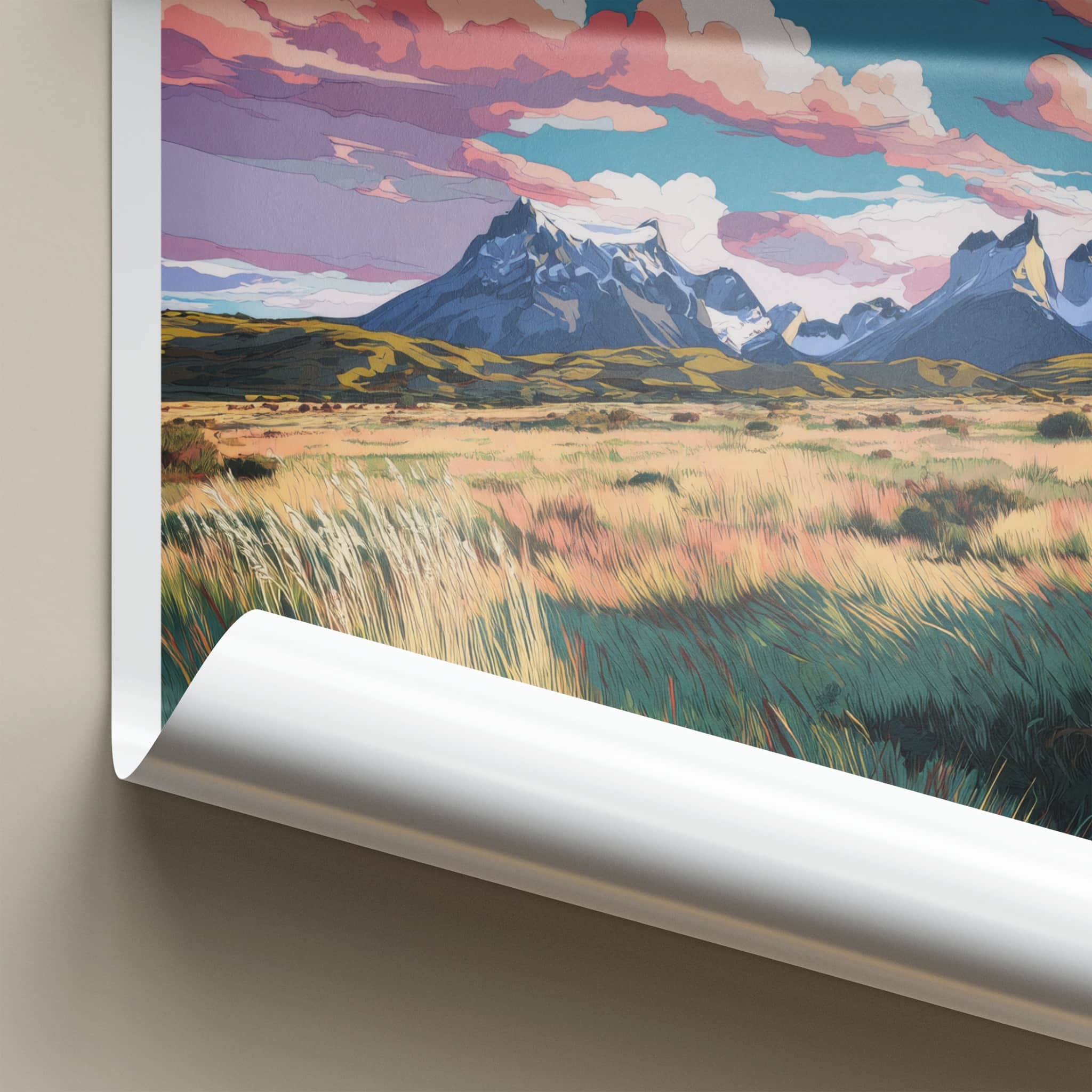 Paine Grande Poster - Chile Travel Art - Mountain Grassy Field Home Decor