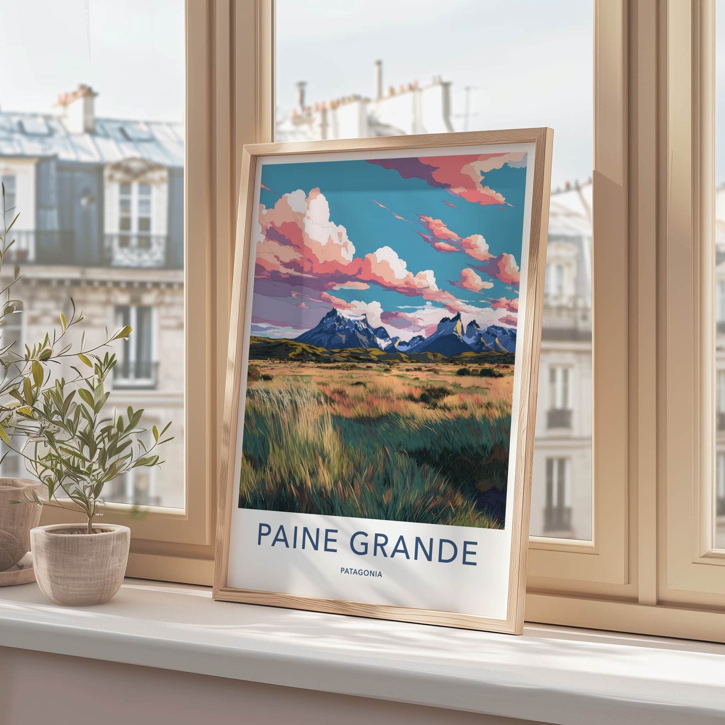 Paine Grande Poster - Chile Travel Art - Mountain Grassy Field Home Decor