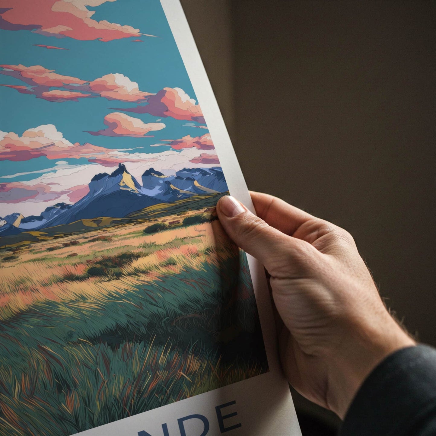 Paine Grande Poster - Chile Travel Art - Mountain Grassy Field Home Decor