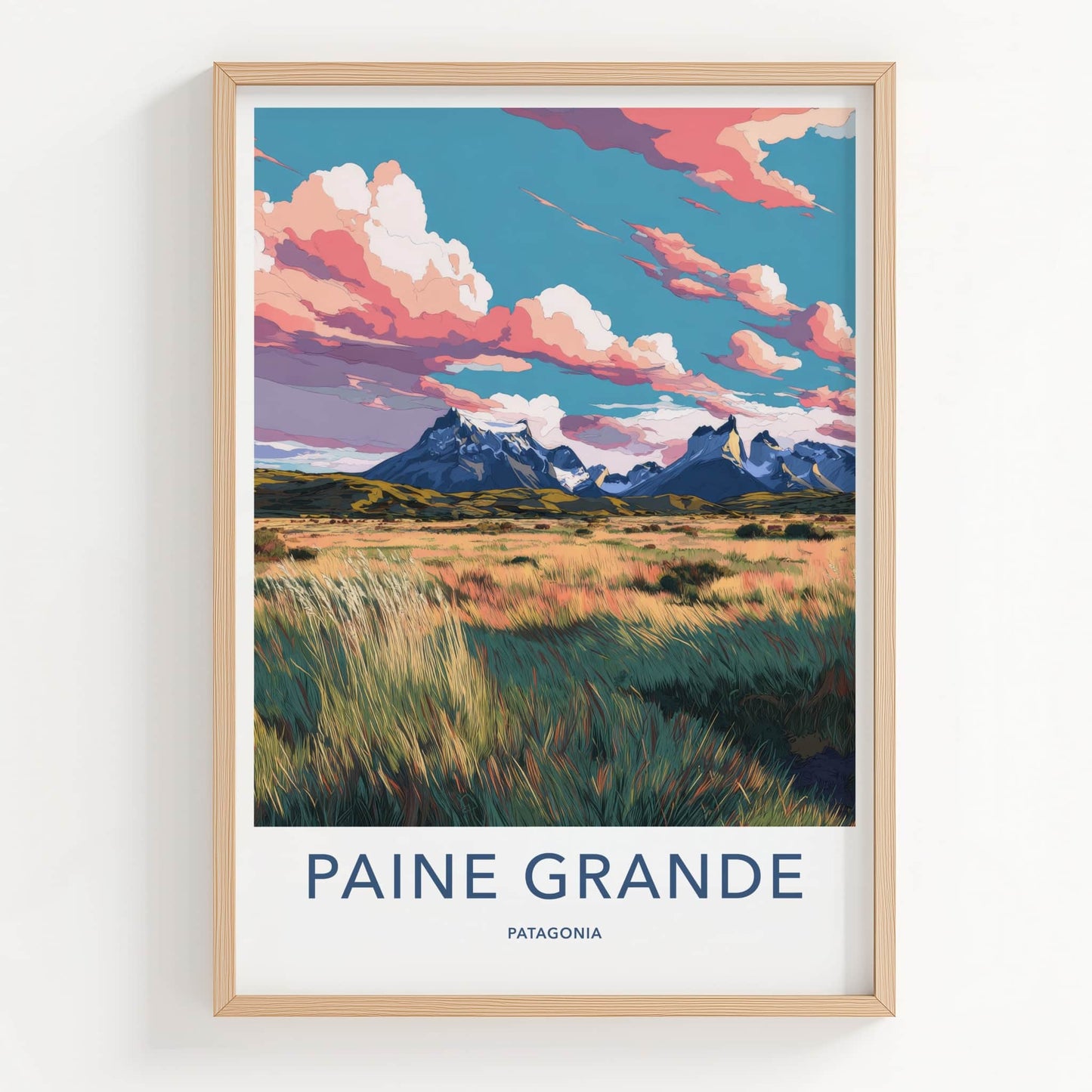 Paine Grande Poster - Chile Travel Art - Mountain Grassy Field Home Decor