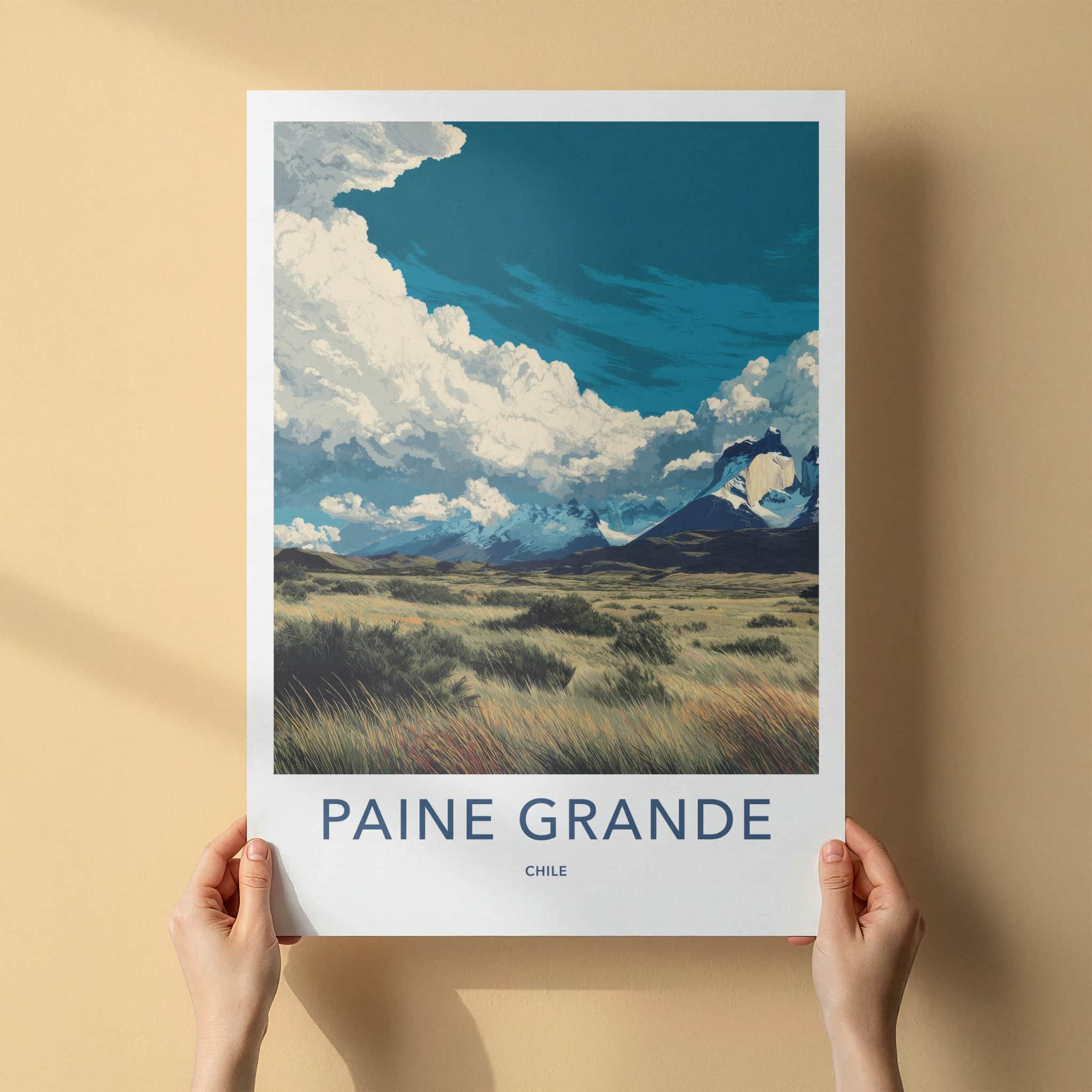 Paine Grande Poster - Chile Travel Art - Snowy Peaks Grass Home Decor