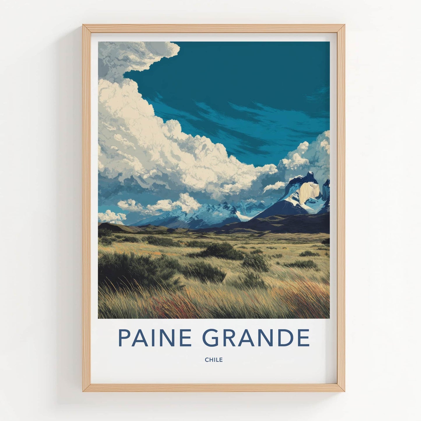 Paine Grande Poster - Chile Travel Art - Snowy Peaks Grass Home Decor