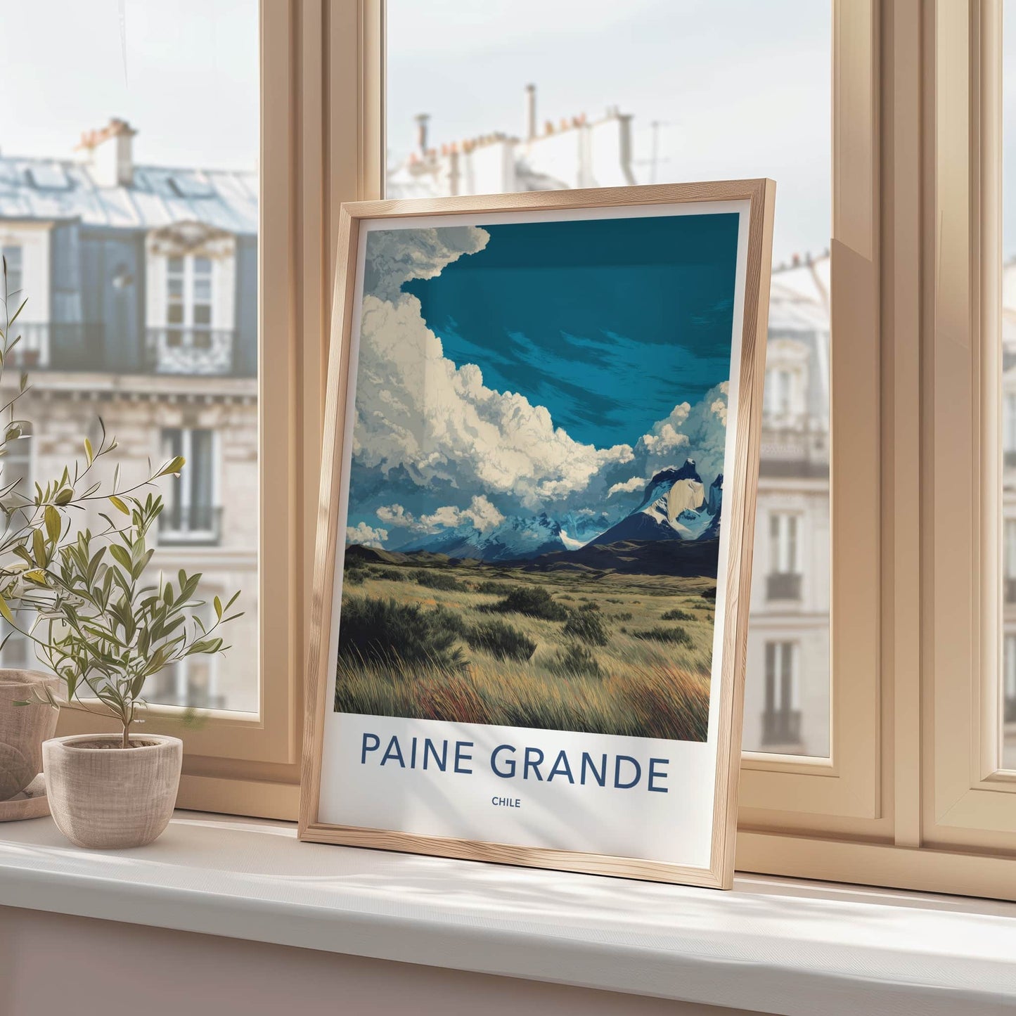 Paine Grande Poster - Chile Travel Art - Snowy Peaks Grass Home Decor
